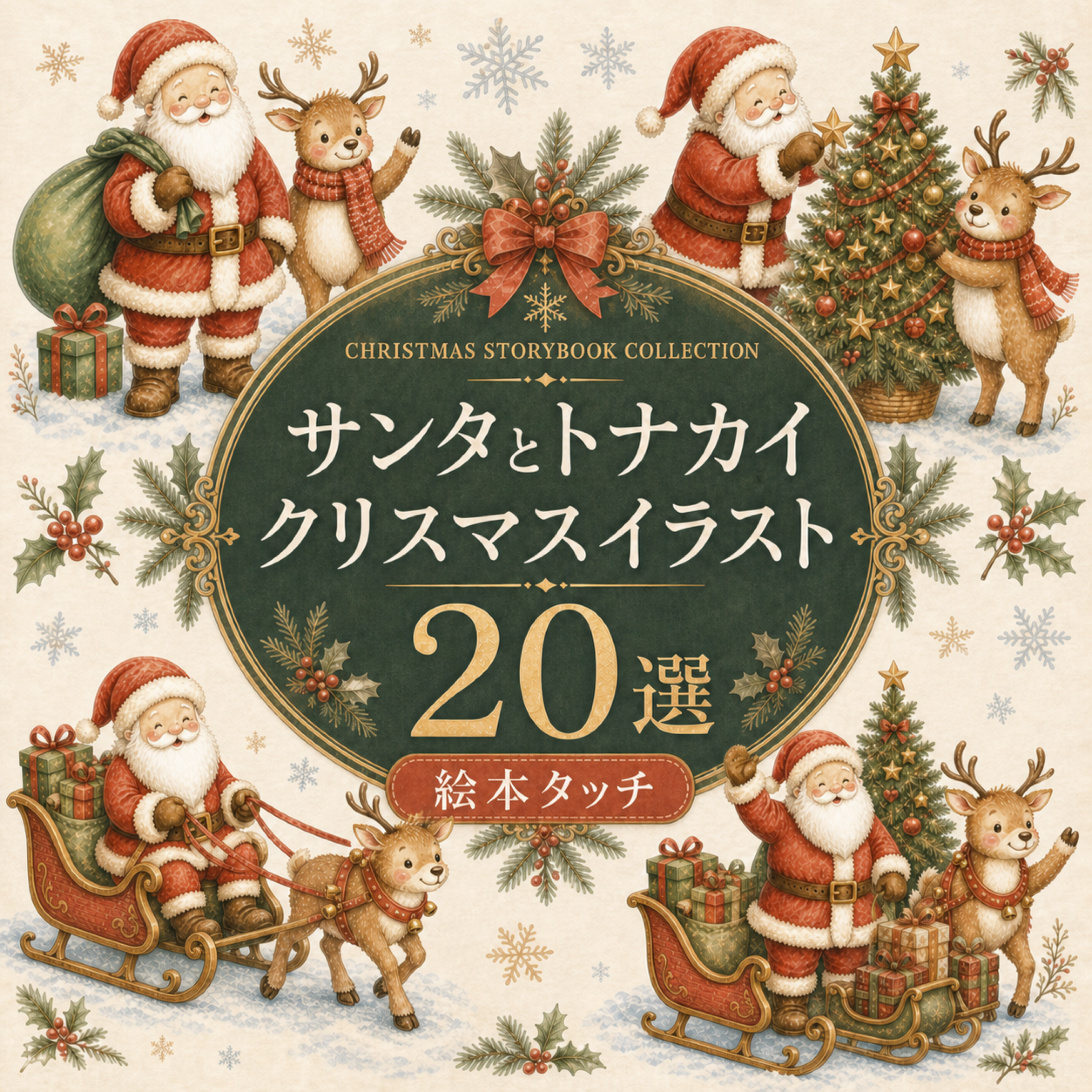 サンタクロースとトナカイ20選の無料イラスト｜絵本タッチのクリスマス素材95849に写真・文字を入れる