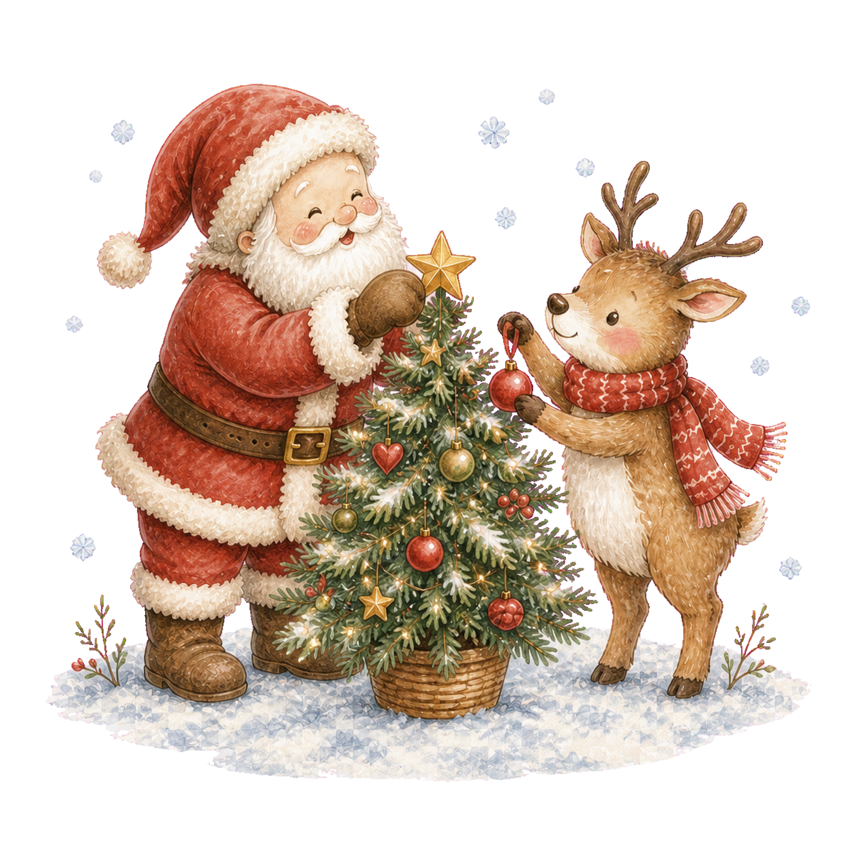 ツリーを飾るサンタクロースとトナカイ無料イラスト｜絵本タッチのクリスマス素材95852に写真・文字を入れる