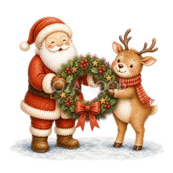 リースを持つサンタクロースとトナカイ無料イラスト｜絵本タッチのクリスマス素材95857