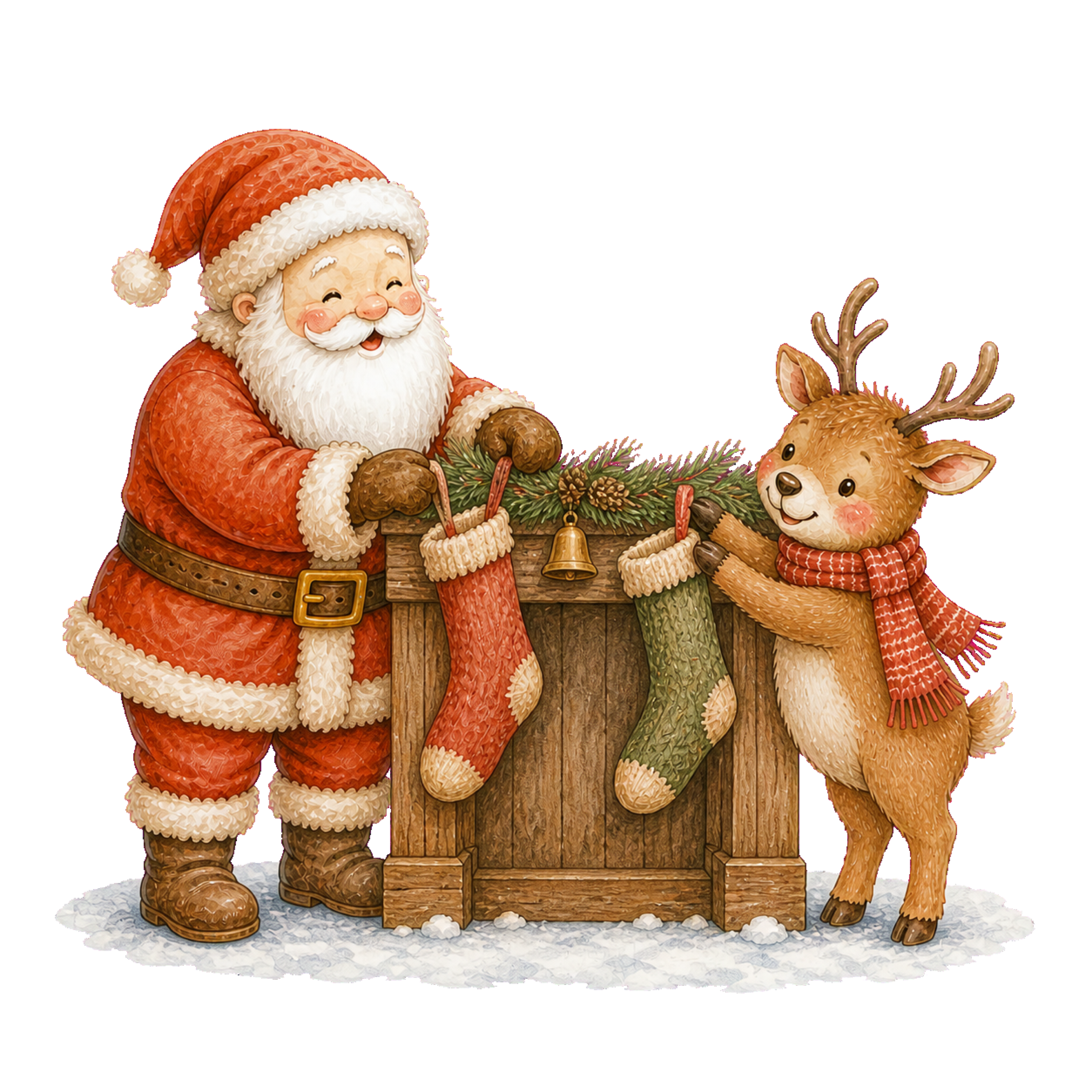 靴下を飾るサンタクロースとトナカイ無料イラスト｜絵本タッチのクリスマス素材95858に写真・文字を入れる