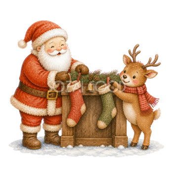 靴下を飾るサンタクロースとトナカイ無料イラスト｜絵本タッチのクリスマス素材95858