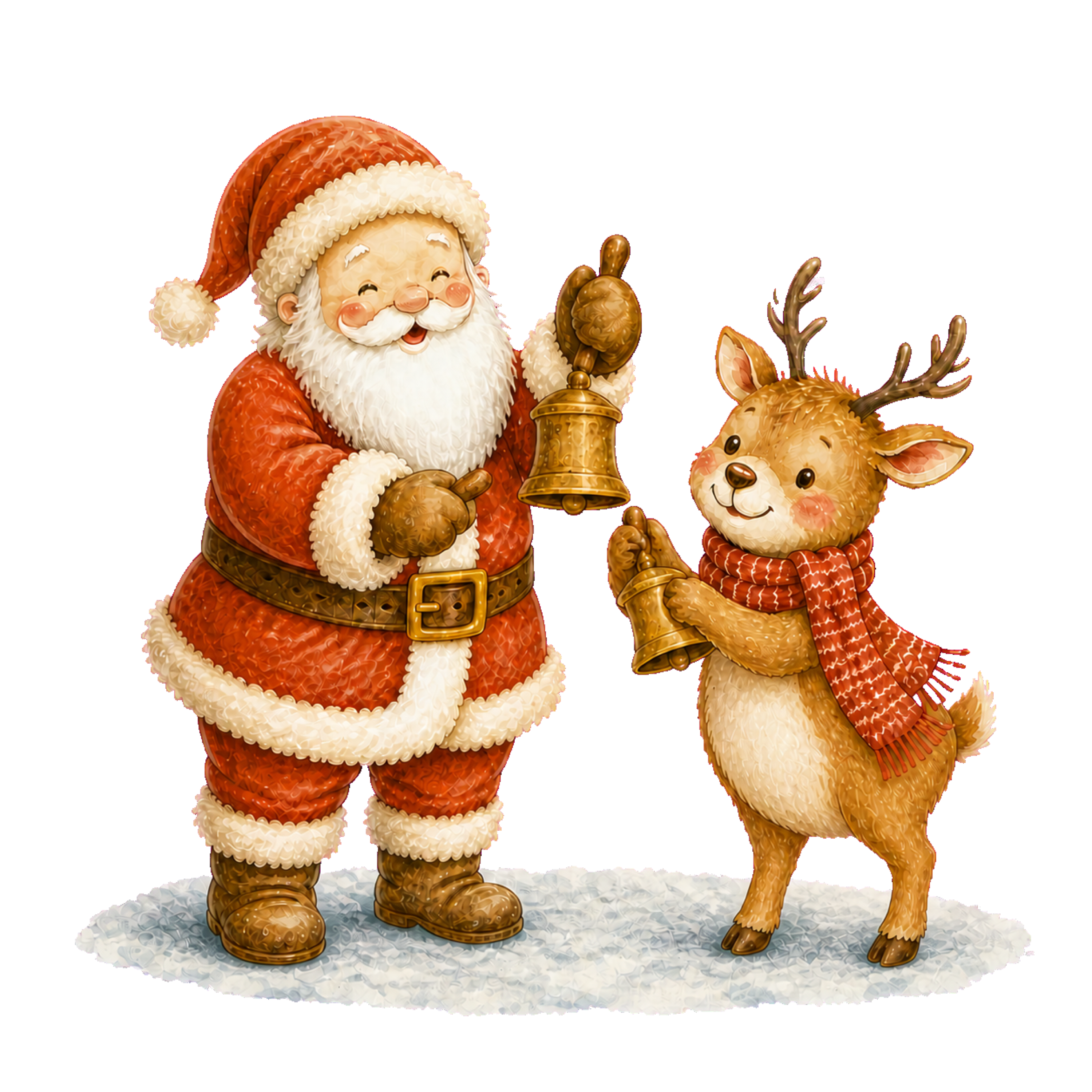 ベルを鳴らすサンタクロースとトナカイ無料イラスト｜絵本タッチのクリスマス素材95859に写真・文字を入れる