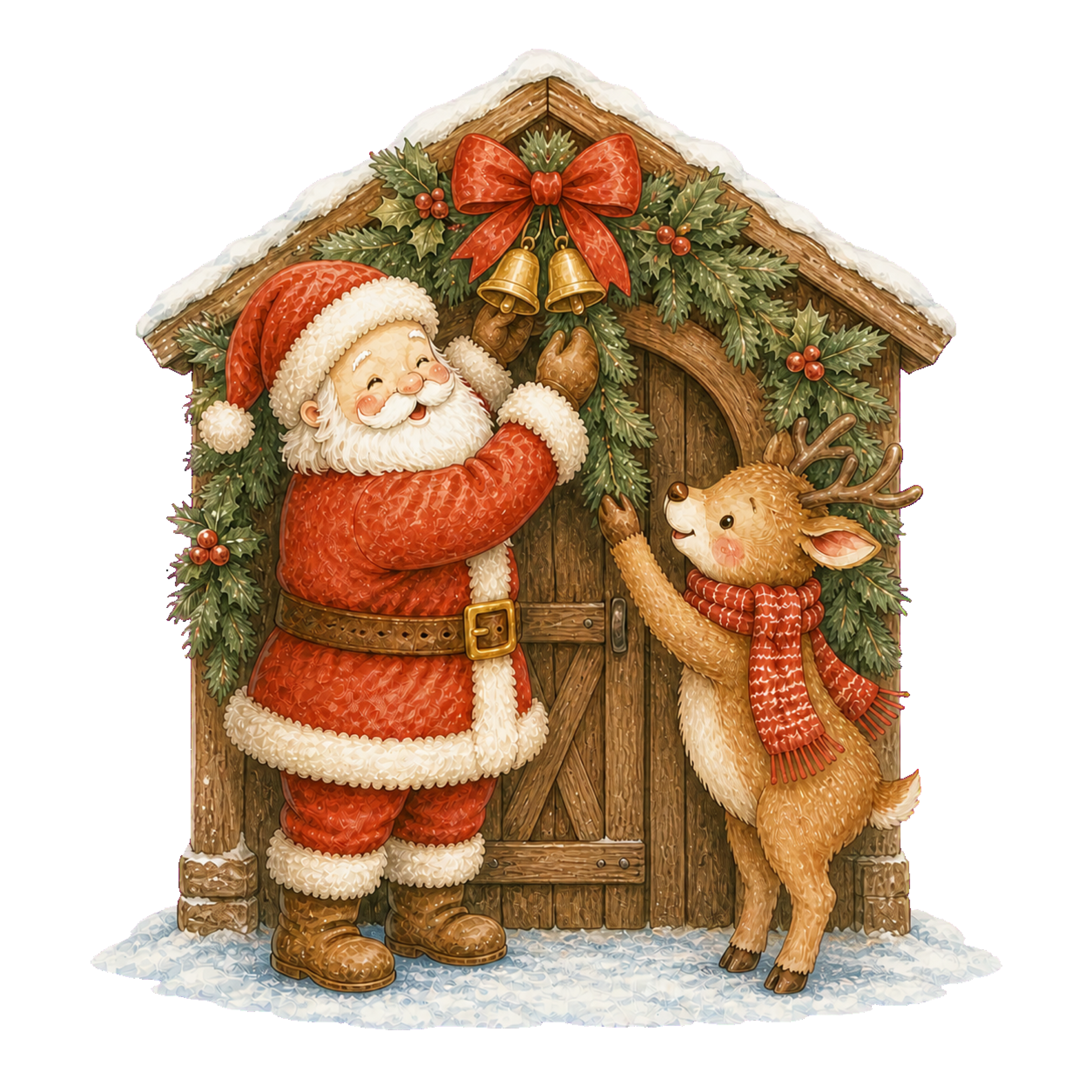 小屋を飾るサンタクロースとトナカイ無料イラスト｜絵本タッチのクリスマス素材95862に写真・文字を入れる