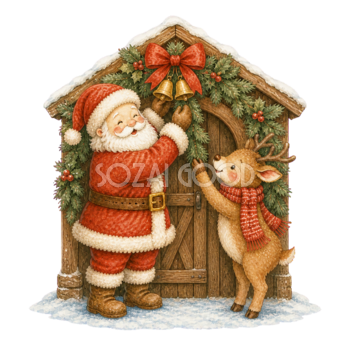 小屋を飾るサンタクロースとトナカイ無料イラスト｜絵本タッチのクリスマス素材95862