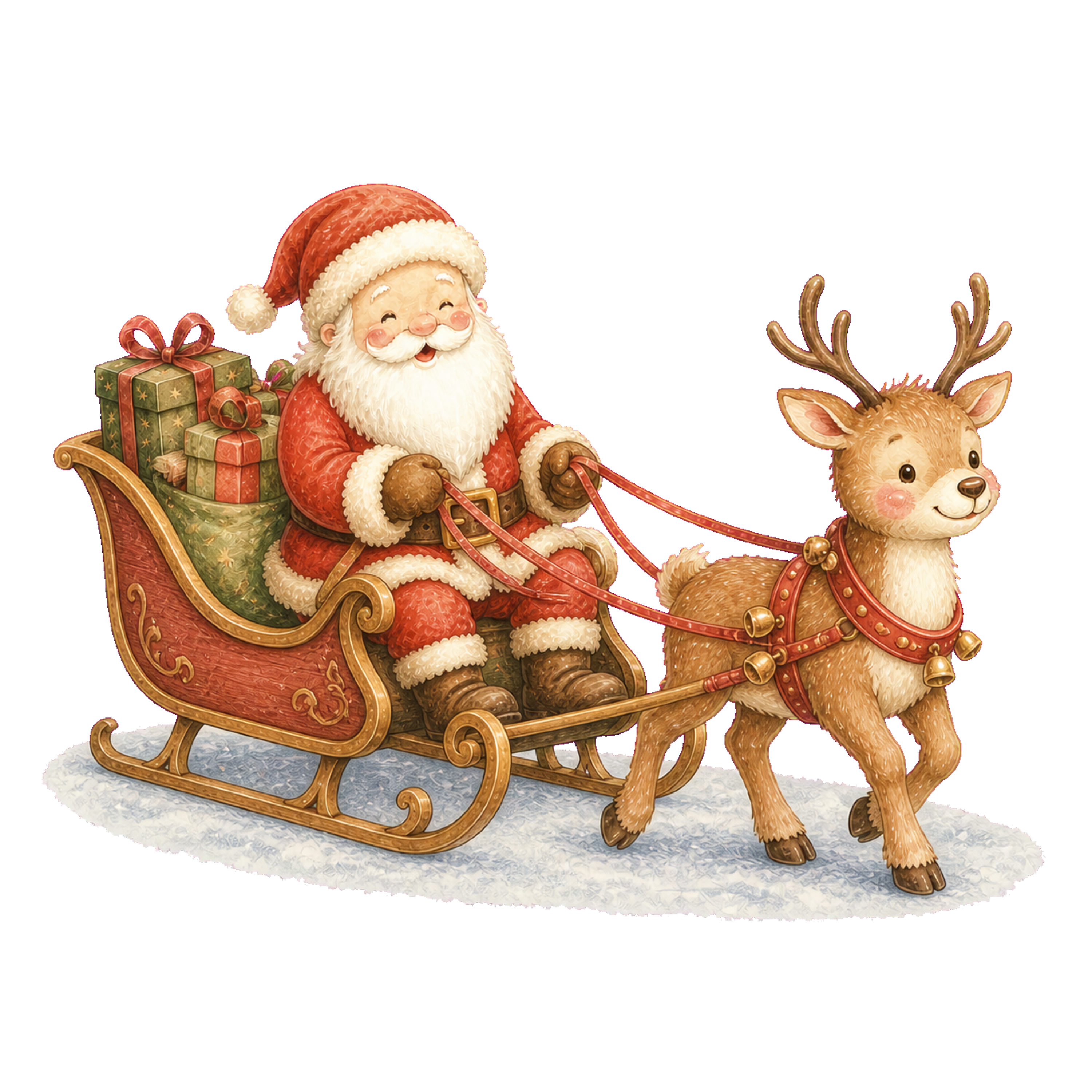 そりを引くトナカイとサンタクロースの無料イラスト｜絵本タッチのクリスマス素材95866に写真・文字を入れる
