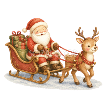 そりを引くトナカイとサンタクロースの無料イラスト｜絵本タッチのクリスマス素材95866