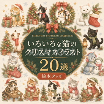 かわいい猫のクリスマス20選無料イラスト｜絵本タッチの素材95870