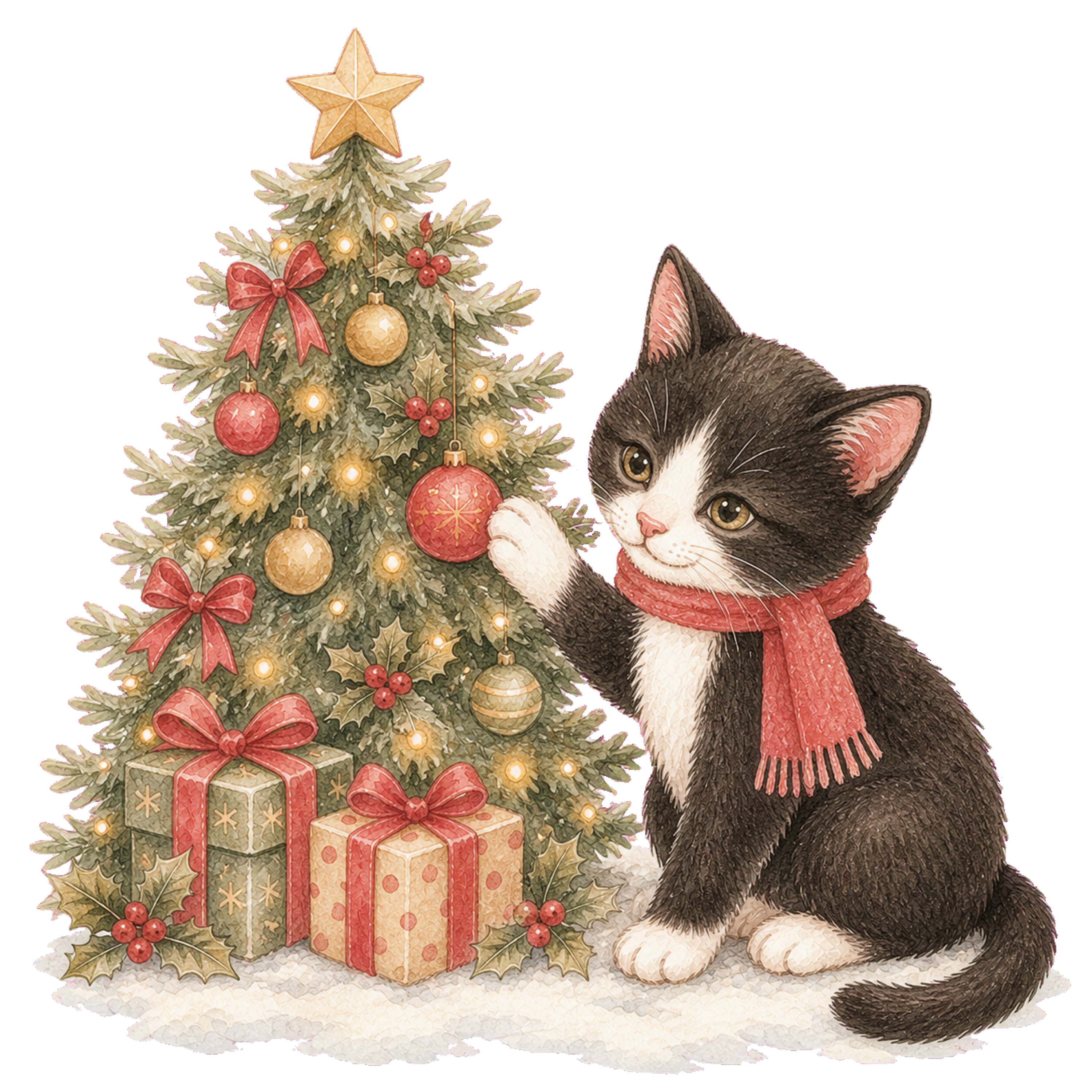 ツリーを飾るハチワレ猫の無料イラスト｜絵本タッチのクリスマス素材95872に写真・文字を入れる