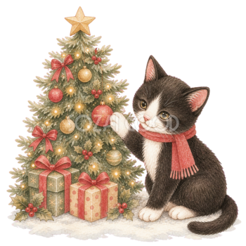ツリーを飾るハチワレ猫の無料イラスト｜絵本タッチのクリスマス素材95872