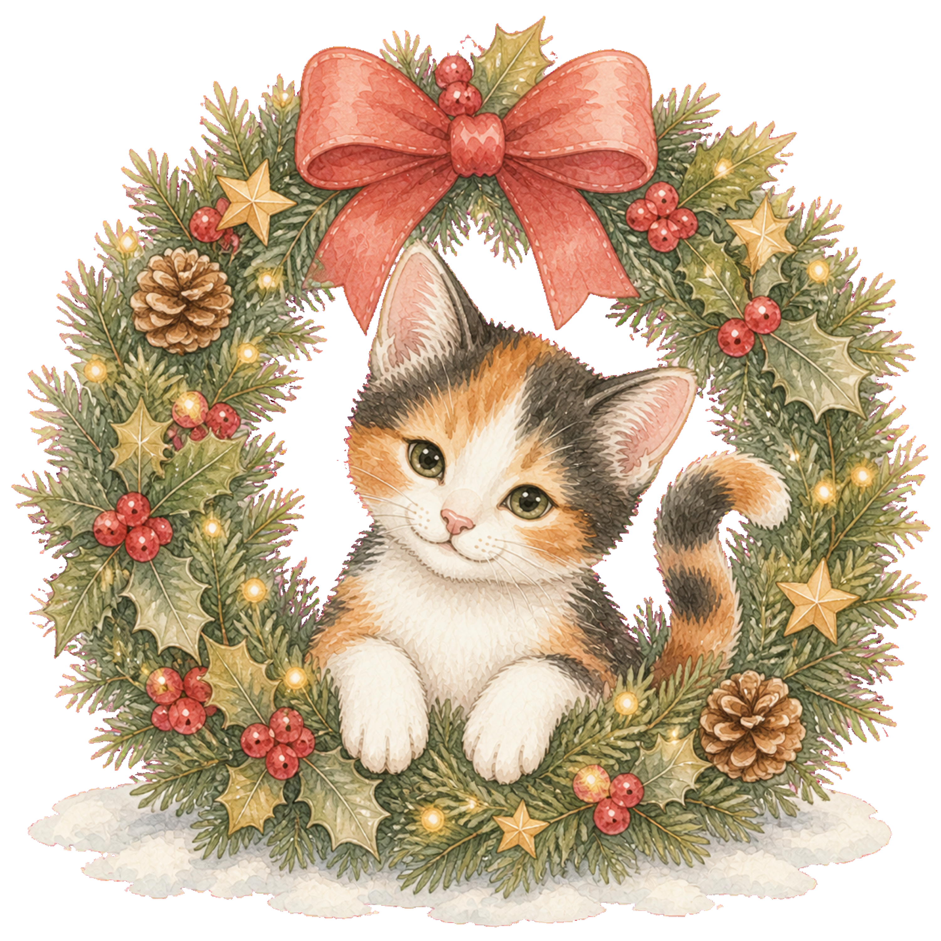 クリスマスリースと三毛猫の無料イラスト｜絵本タッチ素材95873に写真・文字を入れる