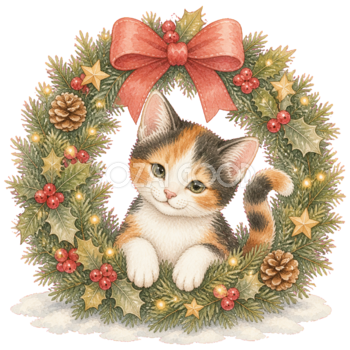 クリスマスリースと三毛猫の無料イラスト｜絵本タッチ素材95873