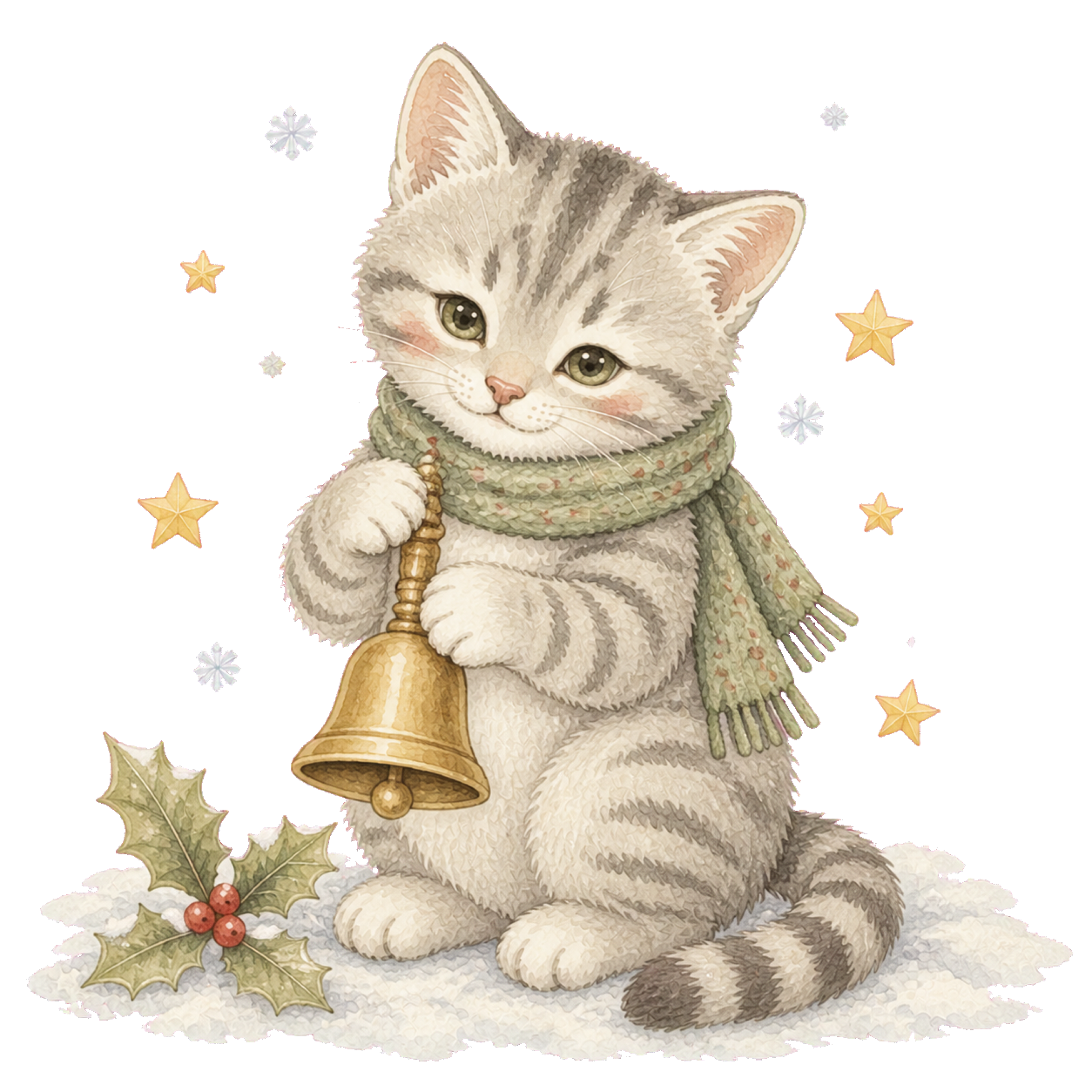 金色のベルを鳴らすサバトラ猫無料イラスト｜絵本タッチ素材95874に写真・文字を入れる