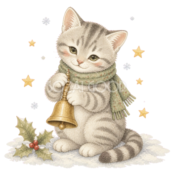 金色のベルを鳴らすサバトラ猫無料イラスト｜絵本タッチ素材95874