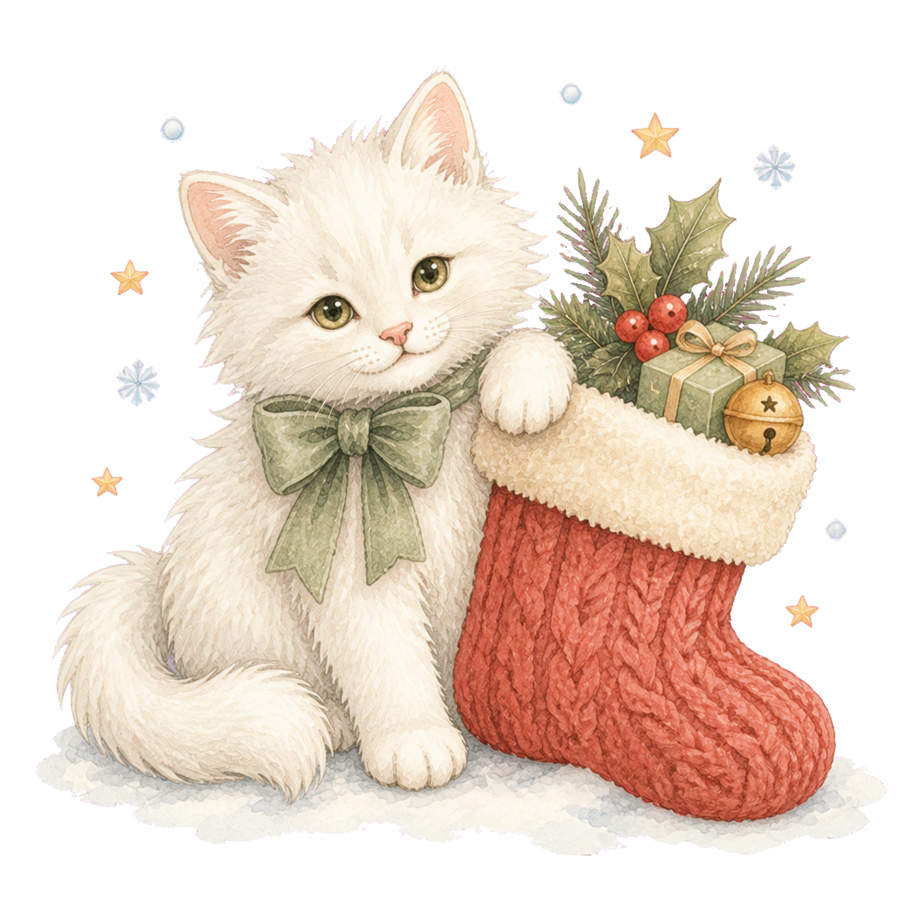クリスマス靴下と白い長毛猫の無料イラスト｜絵本タッチ素材95875に写真・文字を入れる