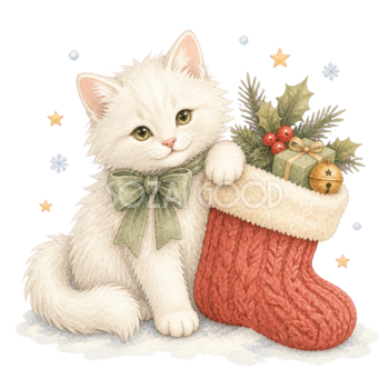 クリスマス靴下と白い長毛猫の無料イラスト｜絵本タッチ素材95875
