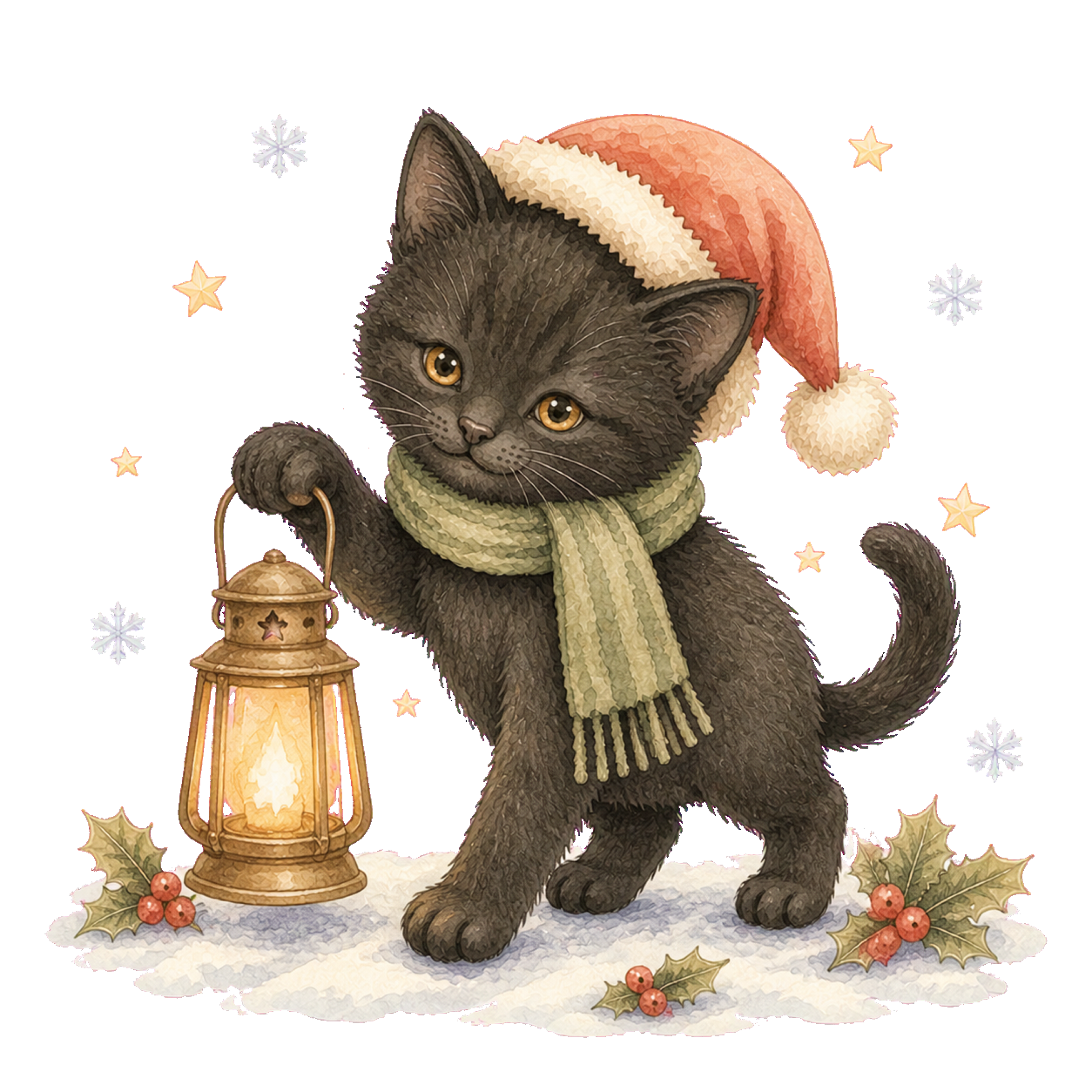 ランタンを持つ黒猫の無料イラスト｜絵本タッチのクリスマス素材95876に写真・文字を入れる