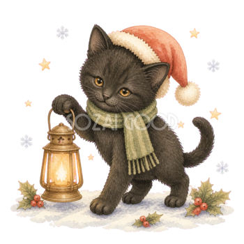 ランタンを持つ黒猫の無料イラスト｜絵本タッチのクリスマス素材95876
