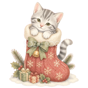 クリスマス靴下に入るシルバータビー無料イラスト｜絵本タッチ素材95878