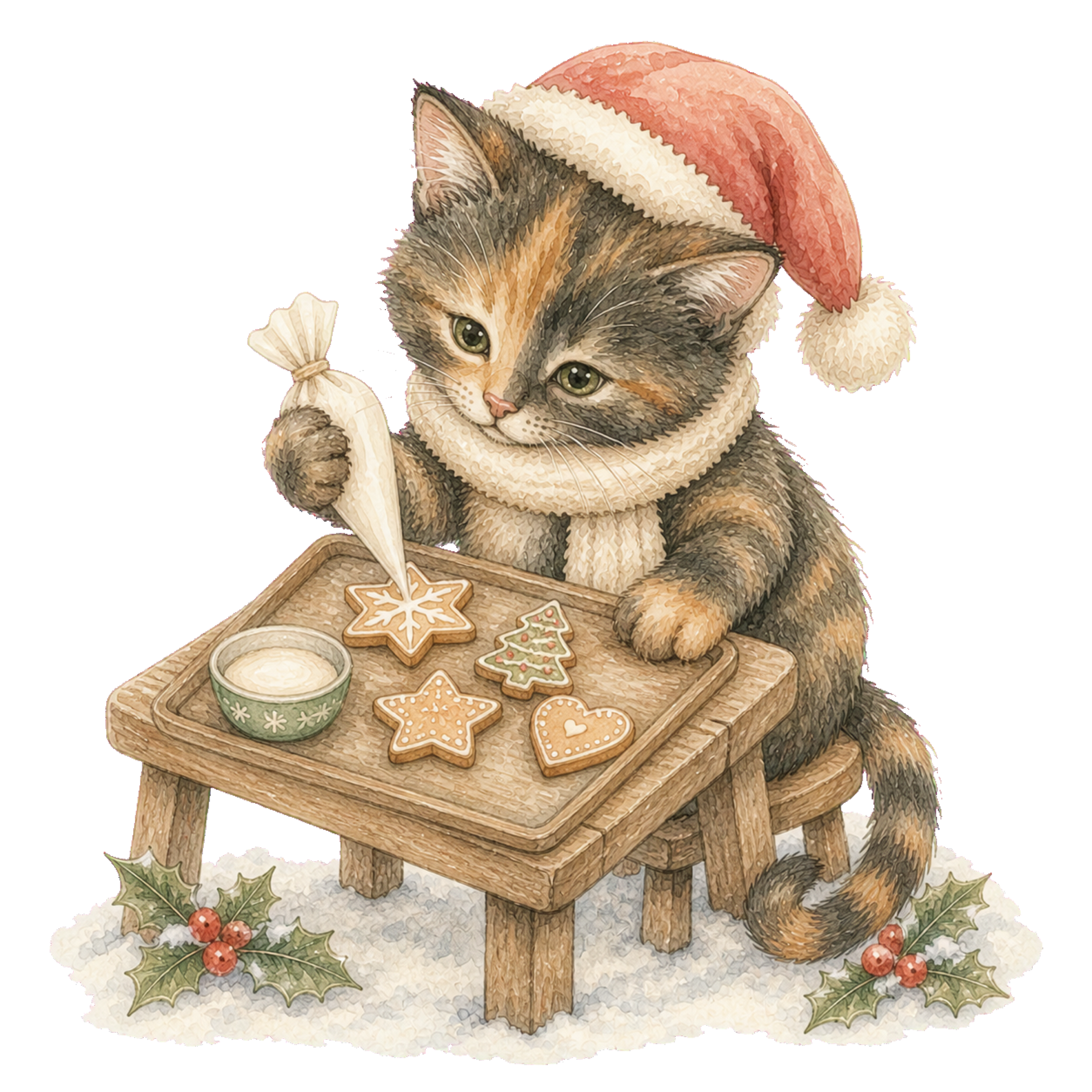 クッキーを作るサビ猫の無料イラスト｜絵本タッチのクリスマス素材95879に写真・文字を入れる