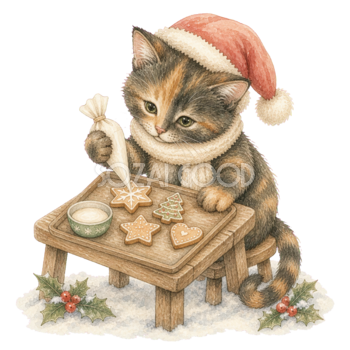 クッキーを作るサビ猫の無料イラスト｜絵本タッチのクリスマス素材95879