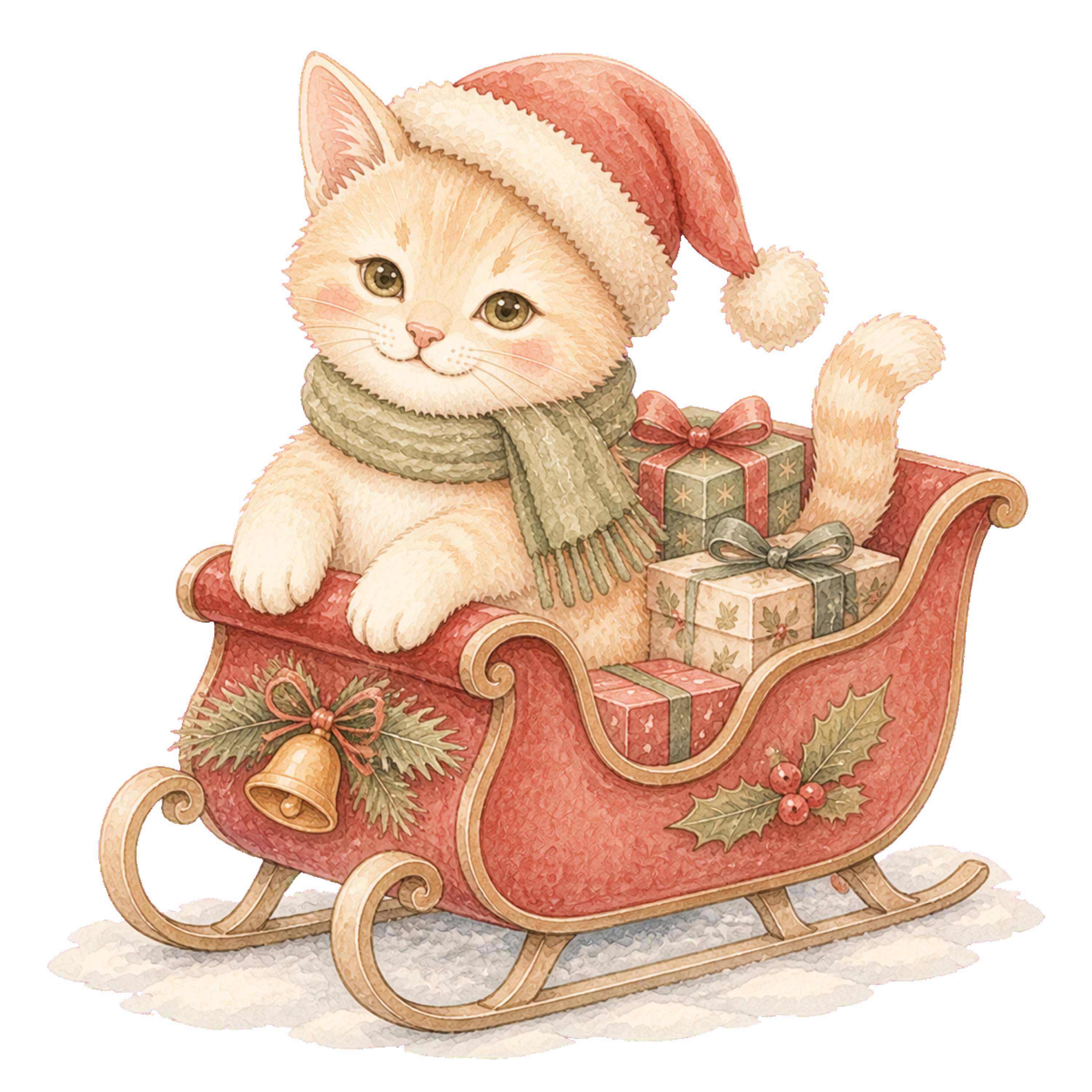 プレゼントのそりに乗るクリーム子猫無料イラスト｜絵本タッチ素材95880に写真・文字を入れる