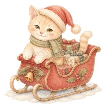 プレゼントのそりに乗るクリーム子猫無料イラスト｜絵本タッチ素材95880