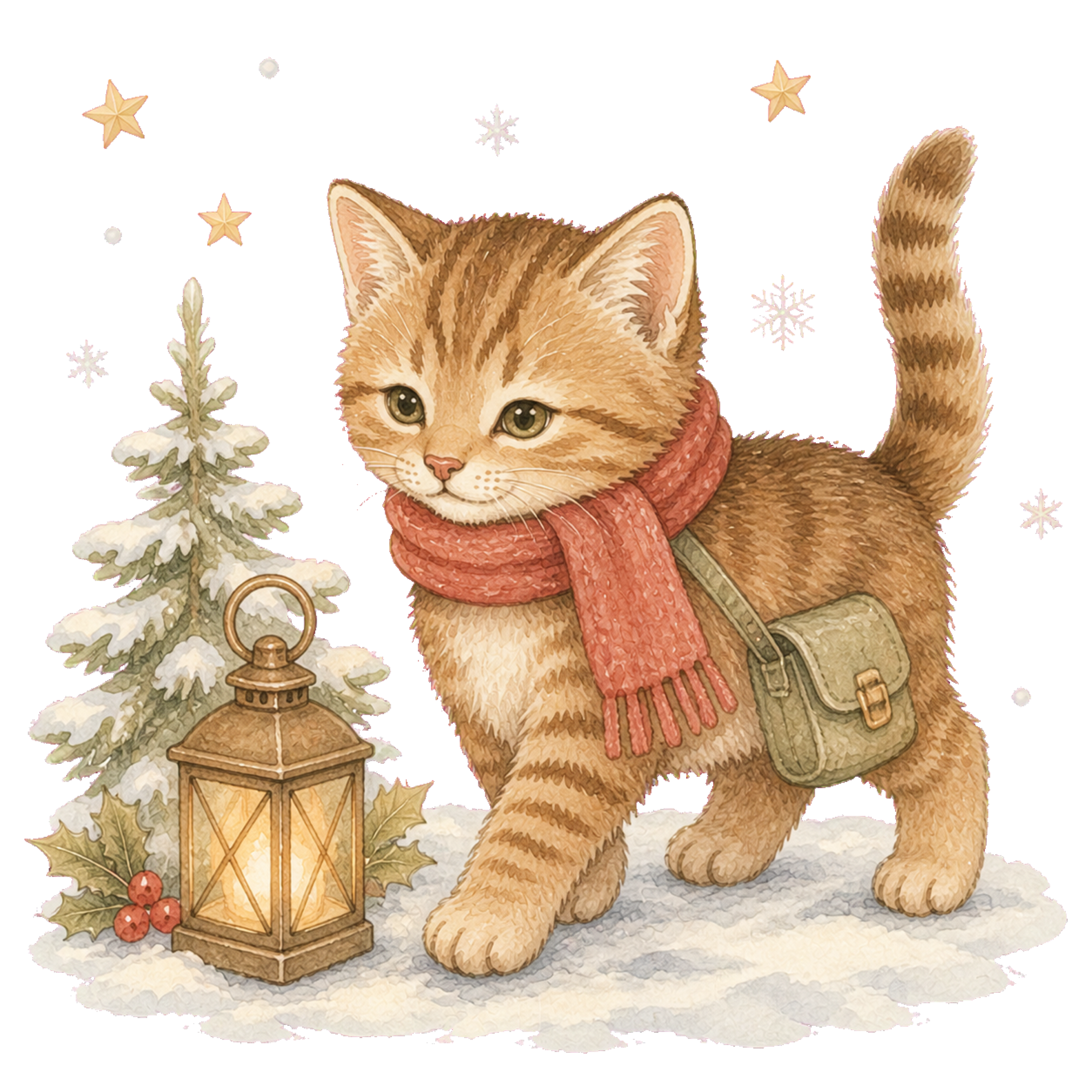 ランタンと雪道を歩くキジトラ猫無料イラスト｜絵本タッチ素材95881に写真・文字を入れる
