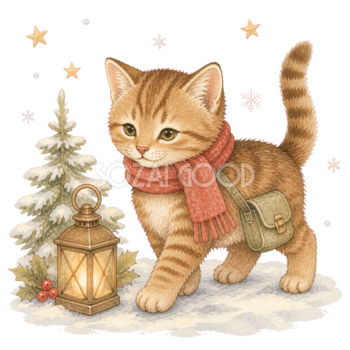 ランタンと雪道を歩くキジトラ猫無料イラスト｜絵本タッチ素材95881