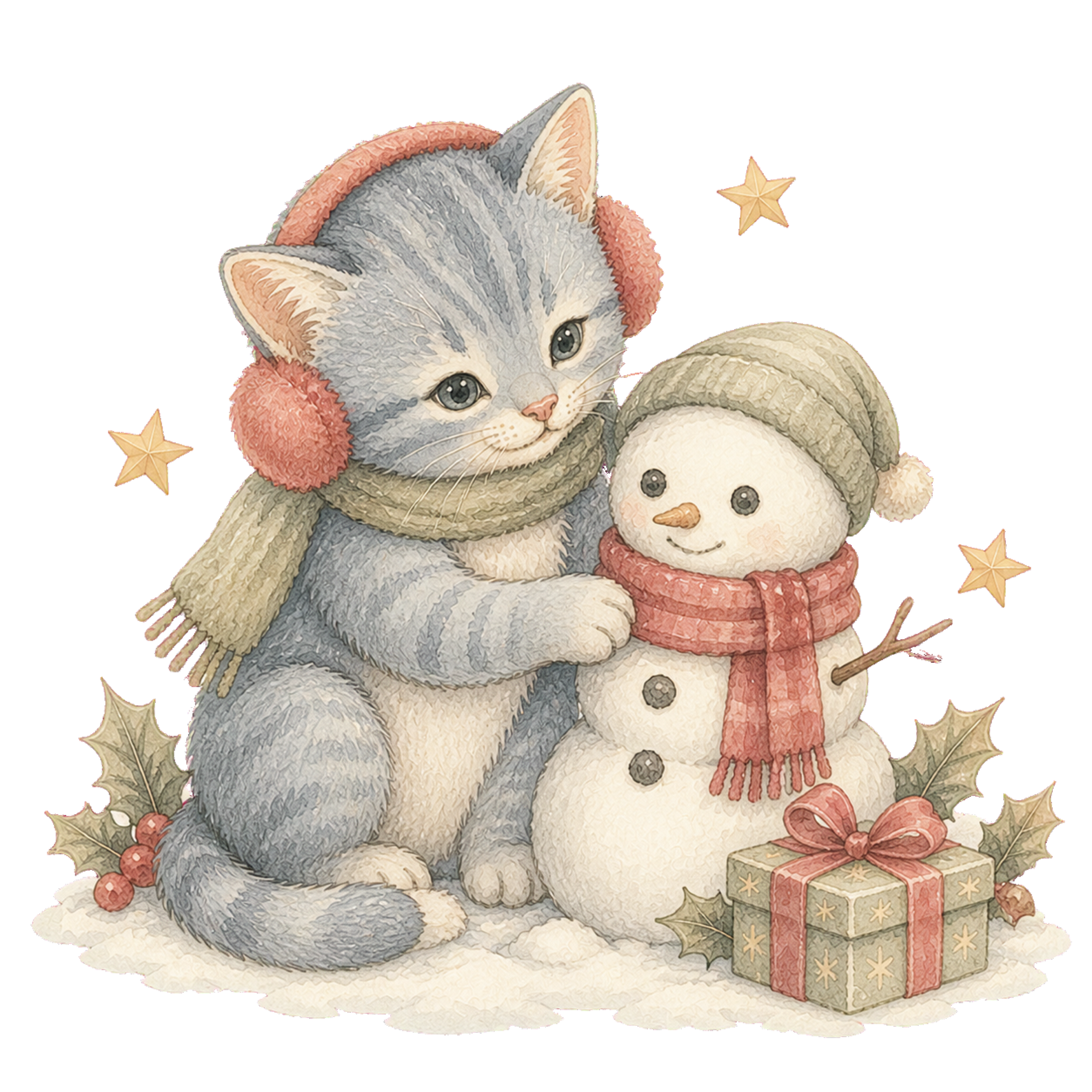 雪だるまとブルーグレー猫の無料イラスト｜絵本タッチ素材95882に写真・文字を入れる