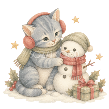 雪だるまとブルーグレー猫の無料イラスト｜絵本タッチ素材95882