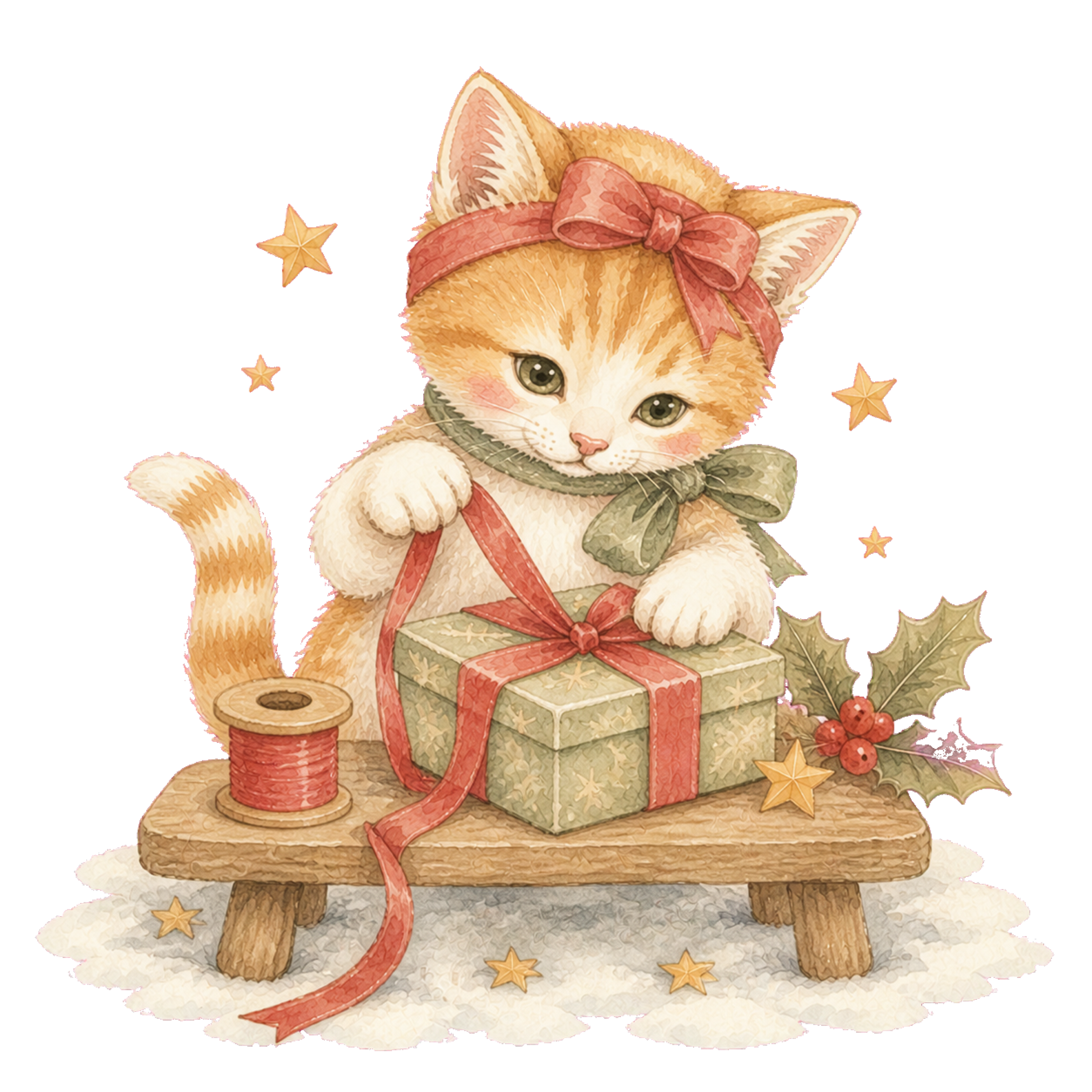 プレゼントを包む茶白猫の無料イラスト｜絵本タッチのクリスマス素材95883に写真・文字を入れる