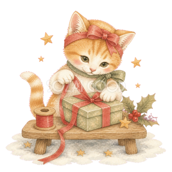 プレゼントを包む茶白猫の無料イラスト｜絵本タッチのクリスマス素材95883