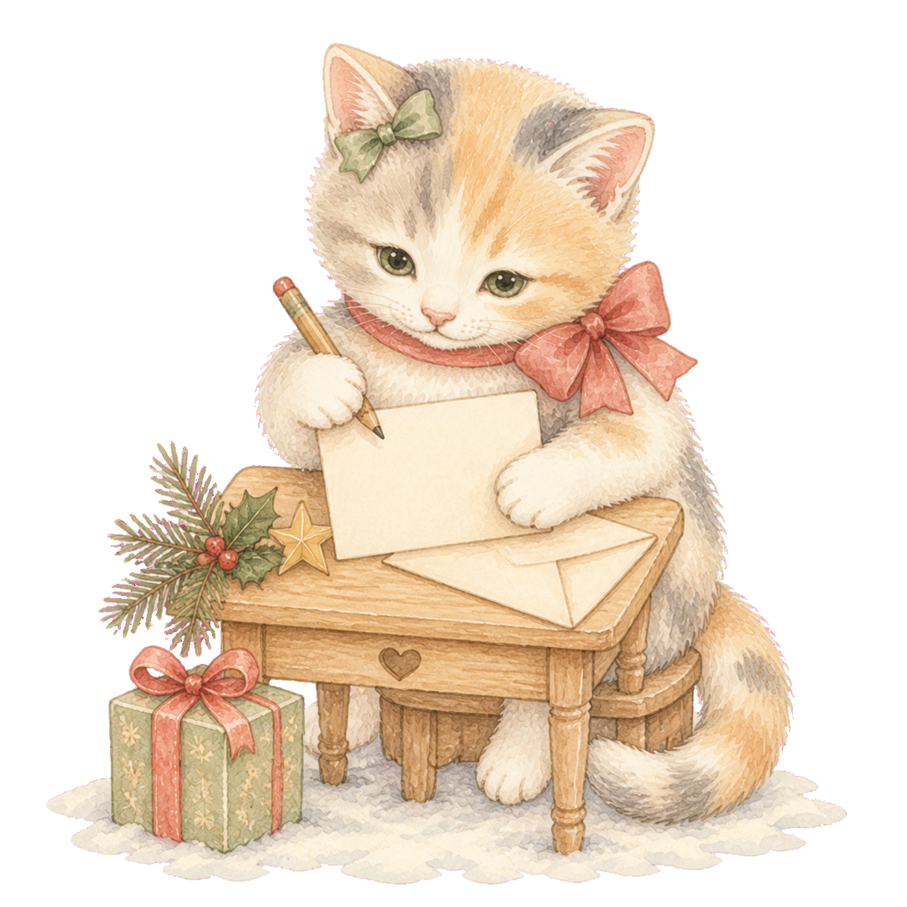 クリスマスカードを書く淡い三毛猫無料イラスト｜絵本タッチ素材95886に写真・文字を入れる