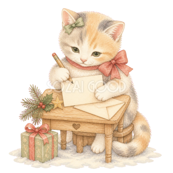 クリスマスカードを書く淡い三毛猫無料イラスト｜絵本タッチ素材95886