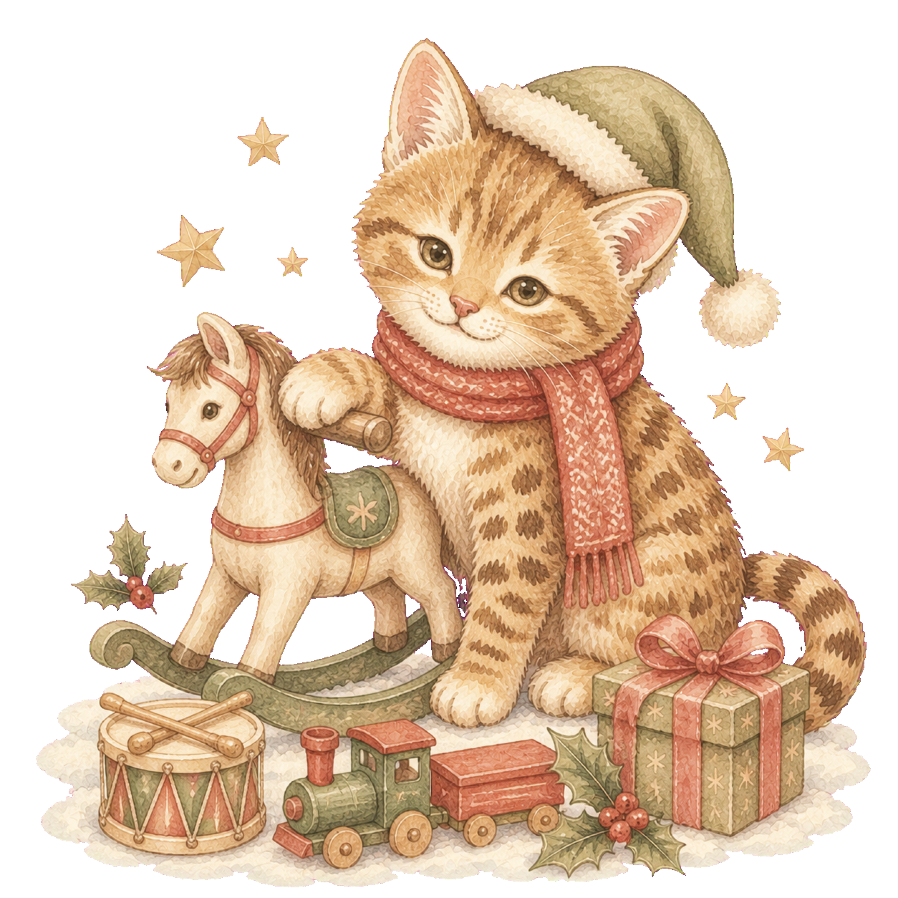木馬とおもちゃに囲まれた猫の無料イラスト｜絵本タッチ素材95887に写真・文字を入れる