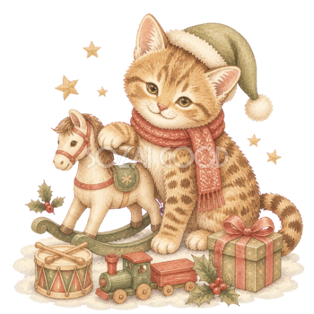 木馬とおもちゃに囲まれた猫の無料イラスト｜絵本タッチ素材95887