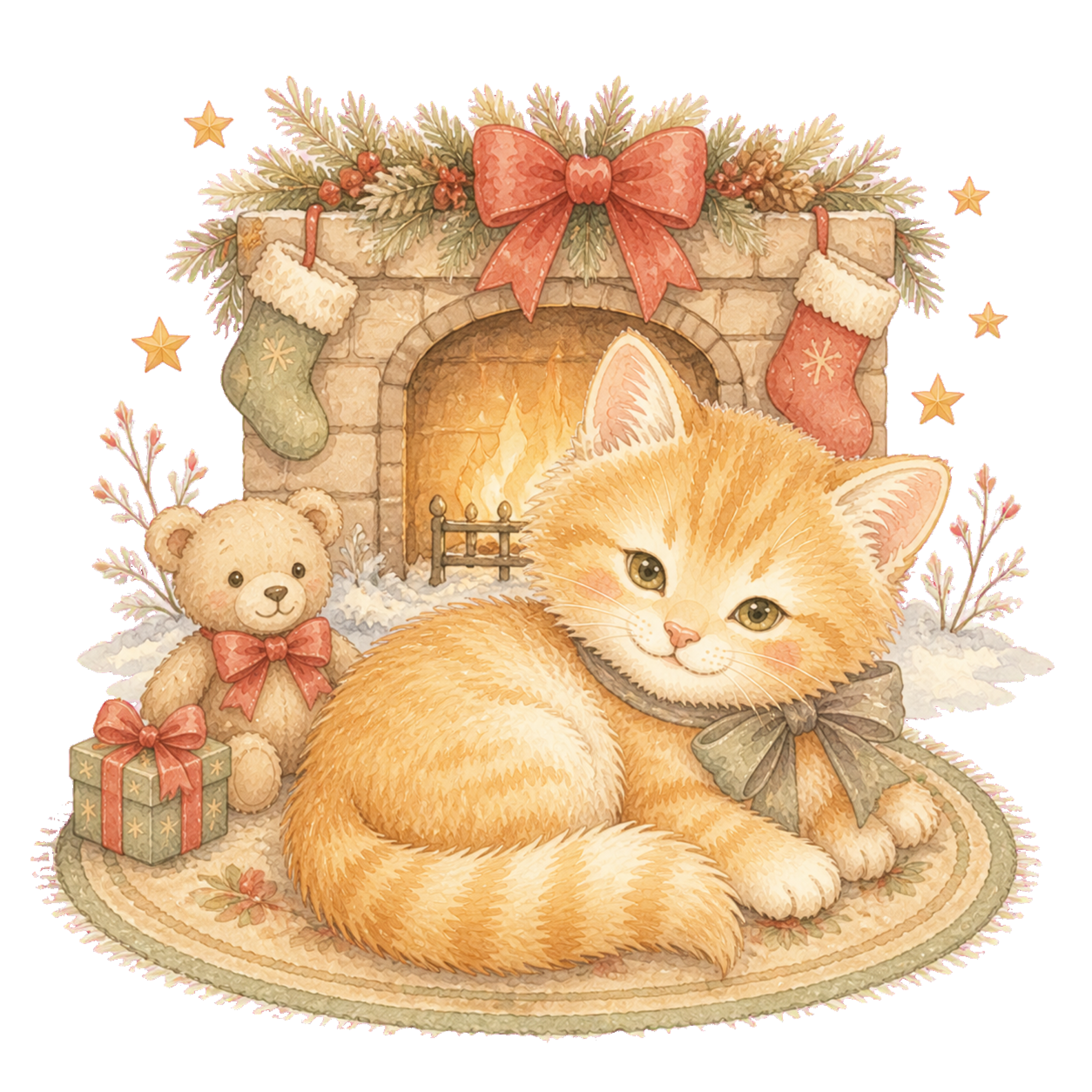 暖炉でくつろぐオレンジ長毛猫無料イラスト｜絵本タッチ素材95888に写真・文字を入れる