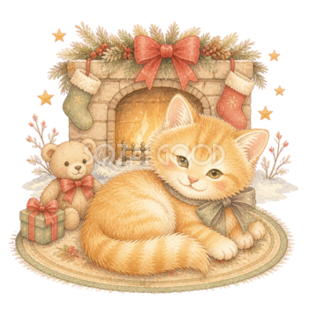 暖炉でくつろぐオレンジ長毛猫無料イラスト｜絵本タッチ素材95888