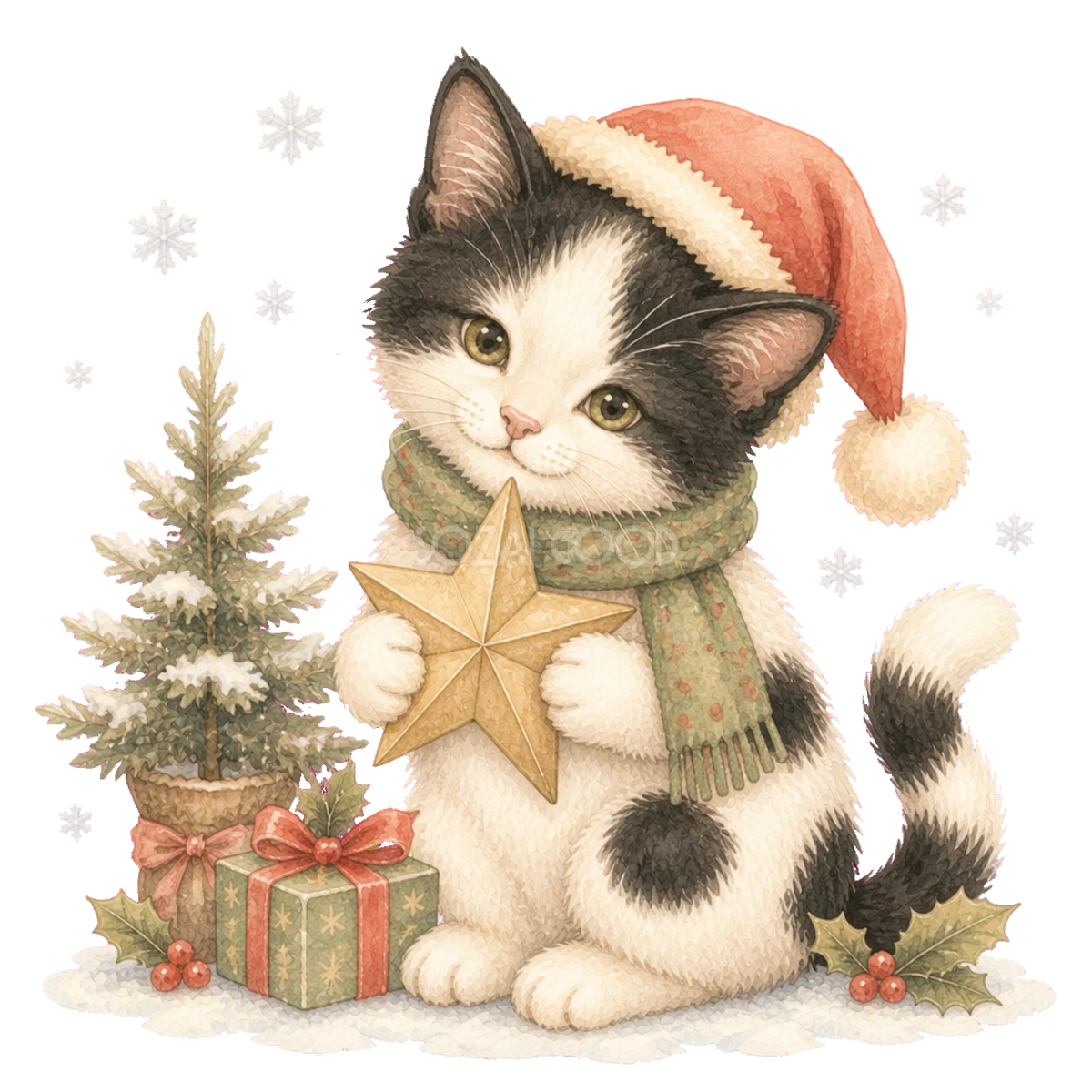 金色の星を持つ白黒ぶち猫無料イラスト｜絵本タッチ素材95889 | 素材Good