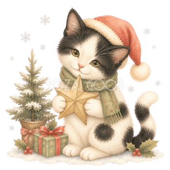 金色の星を持つ白黒ぶち猫無料イラスト｜絵本タッチ素材95889