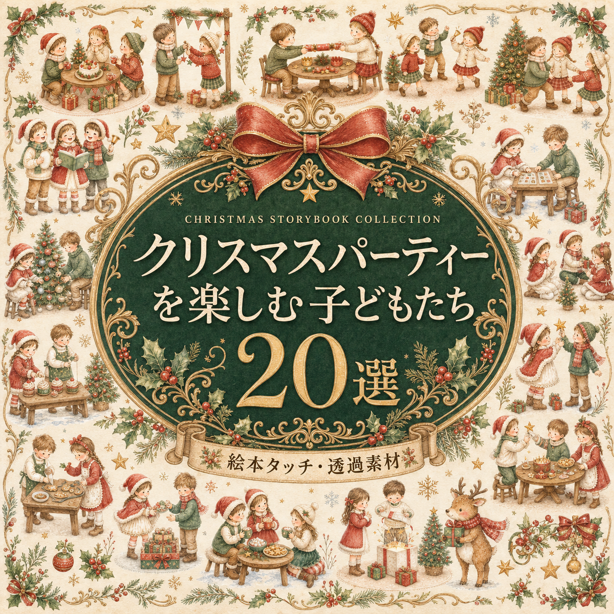 クリスマスパーティーを楽しむ子ども20選のイラスト｜絵本タッチの無料素材95891に写真・文字を入れる