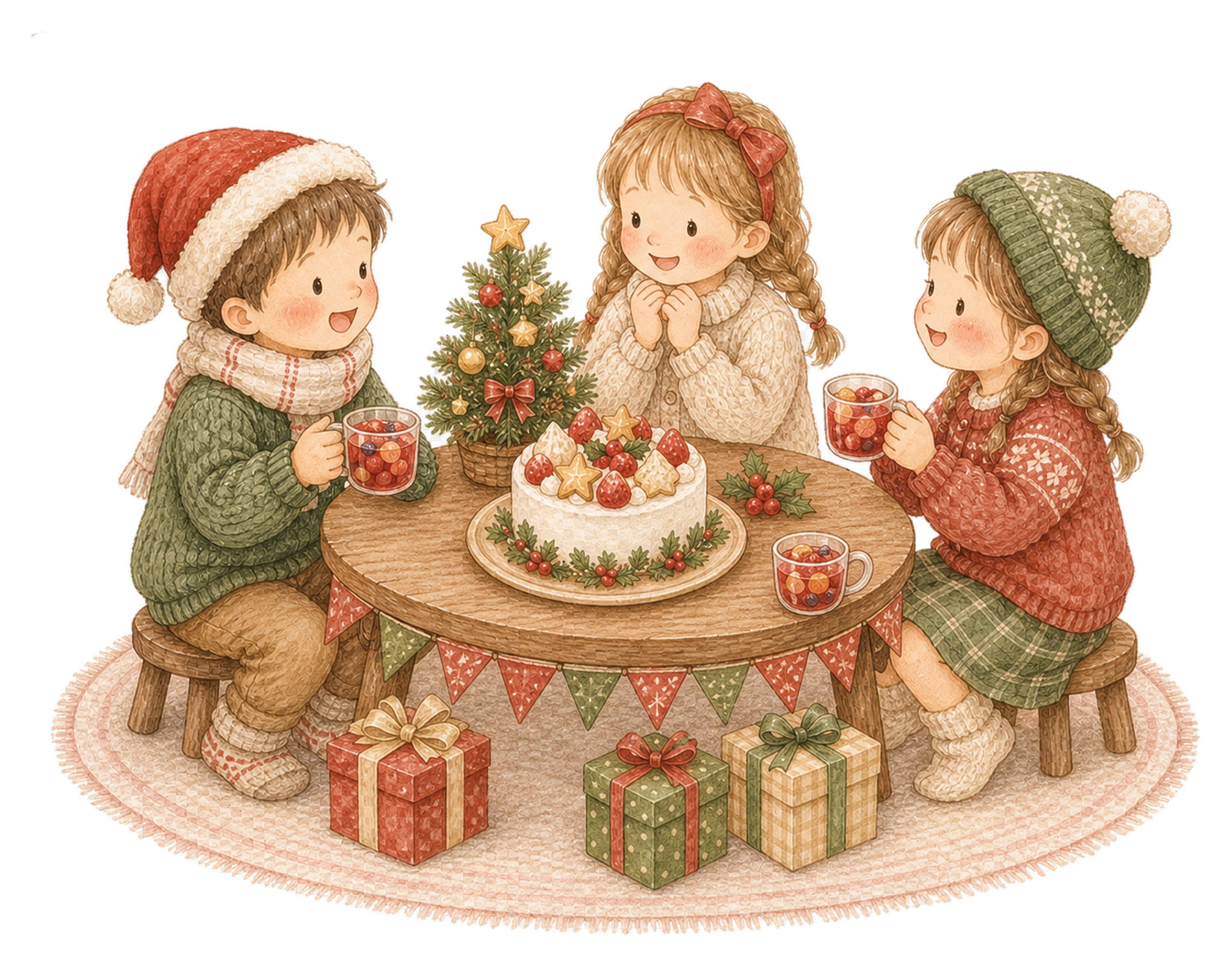 クリスマスケーキを囲む子どものイラスト｜絵本タッチの無料素材95892に写真・文字を入れる