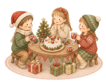 クリスマスケーキを囲む子どものイラスト｜絵本タッチの無料素材95892