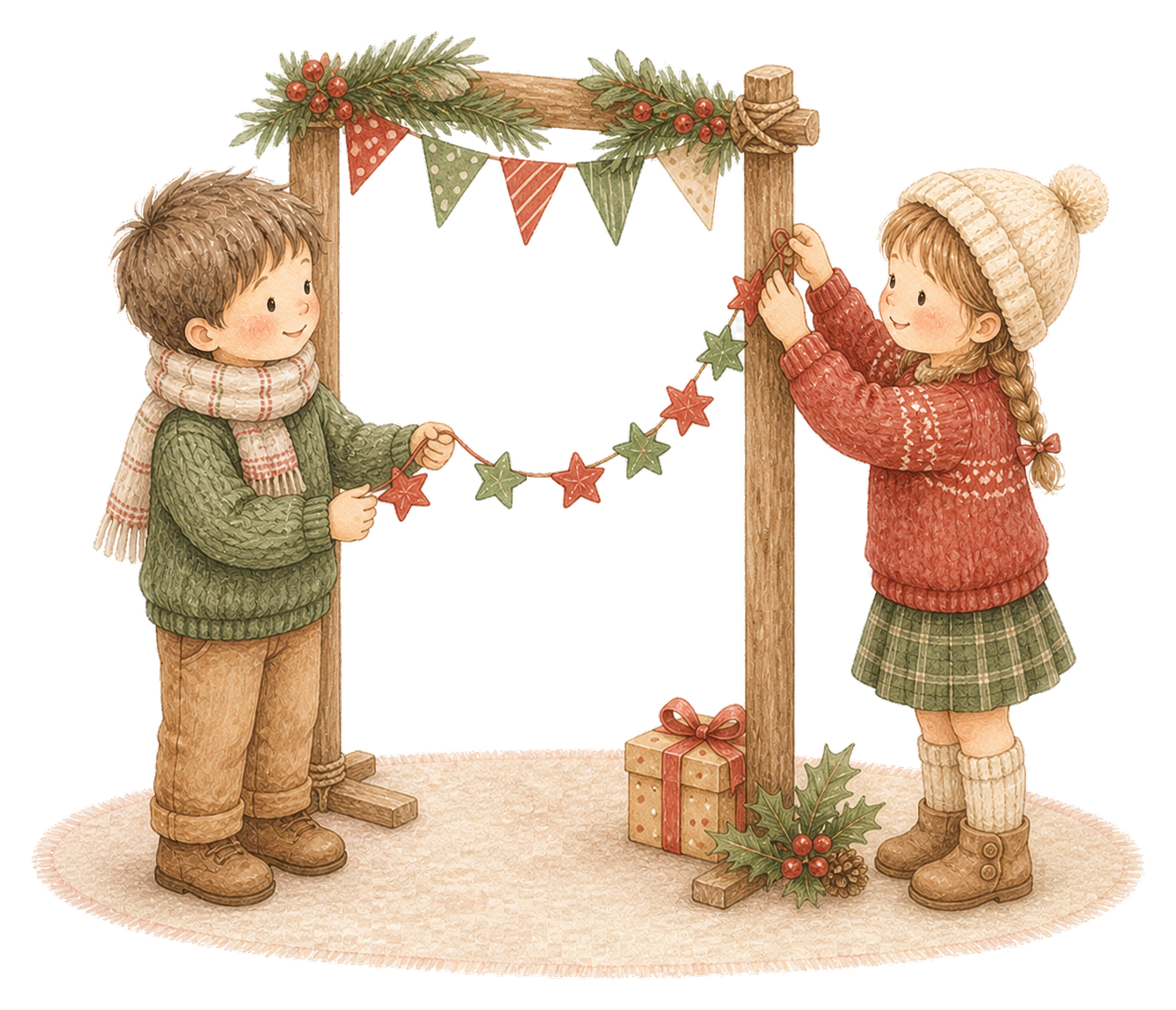 クリスマスガーランドを飾る子どものイラスト｜絵本タッチの無料素材95893に写真・文字を入れる