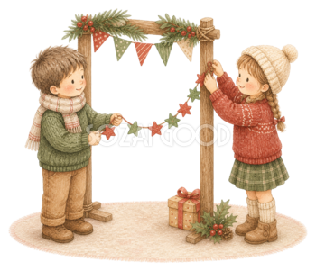クリスマスガーランドを飾る子どものイラスト｜絵本タッチの無料素材95893