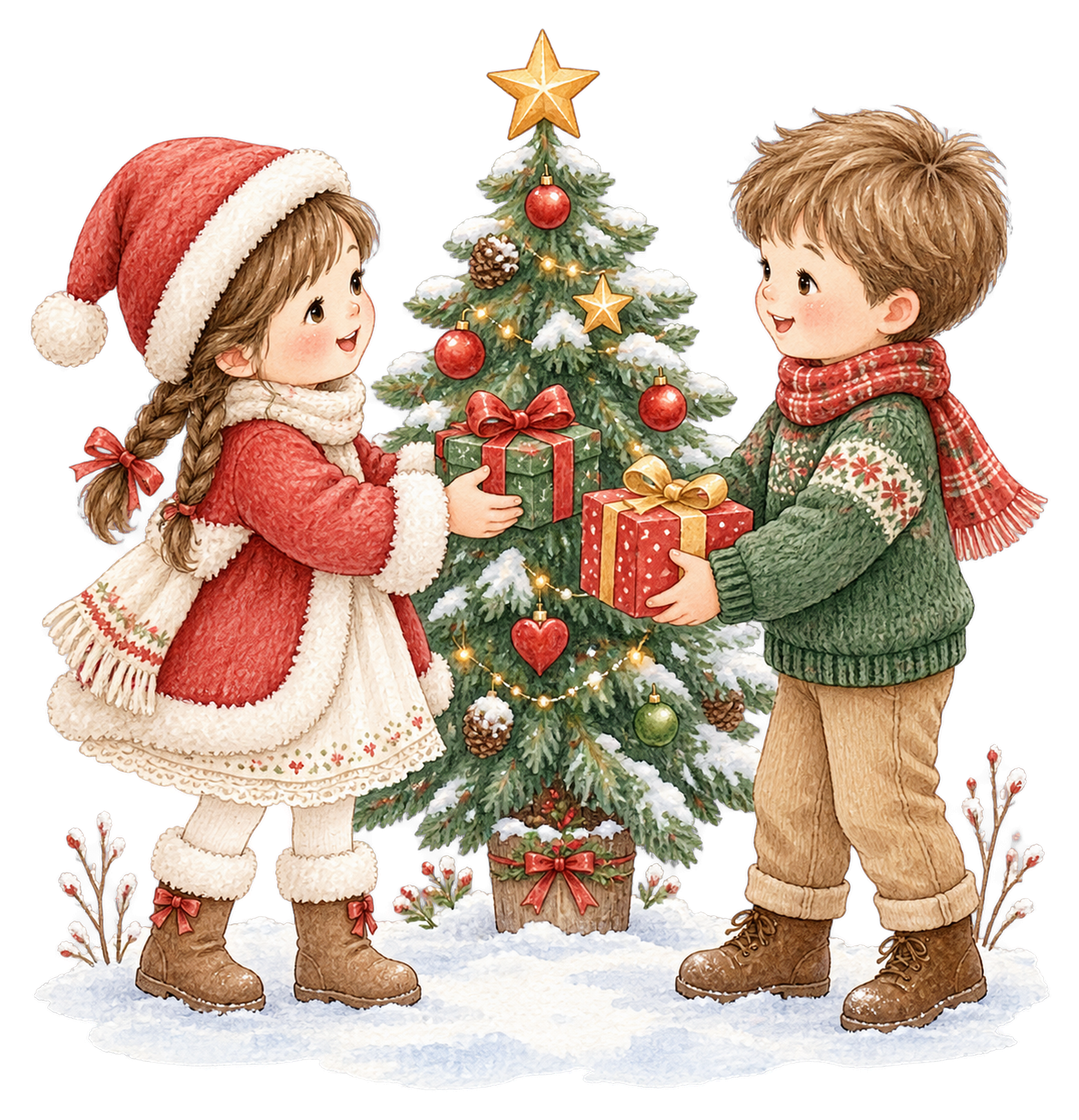 クリスマスプレゼントを交換する子どものイラスト｜絵本タッチの無料素材95894に写真・文字を入れる