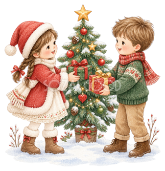 クリスマスプレゼントを交換する子どものイラスト｜絵本タッチの無料素材95894
