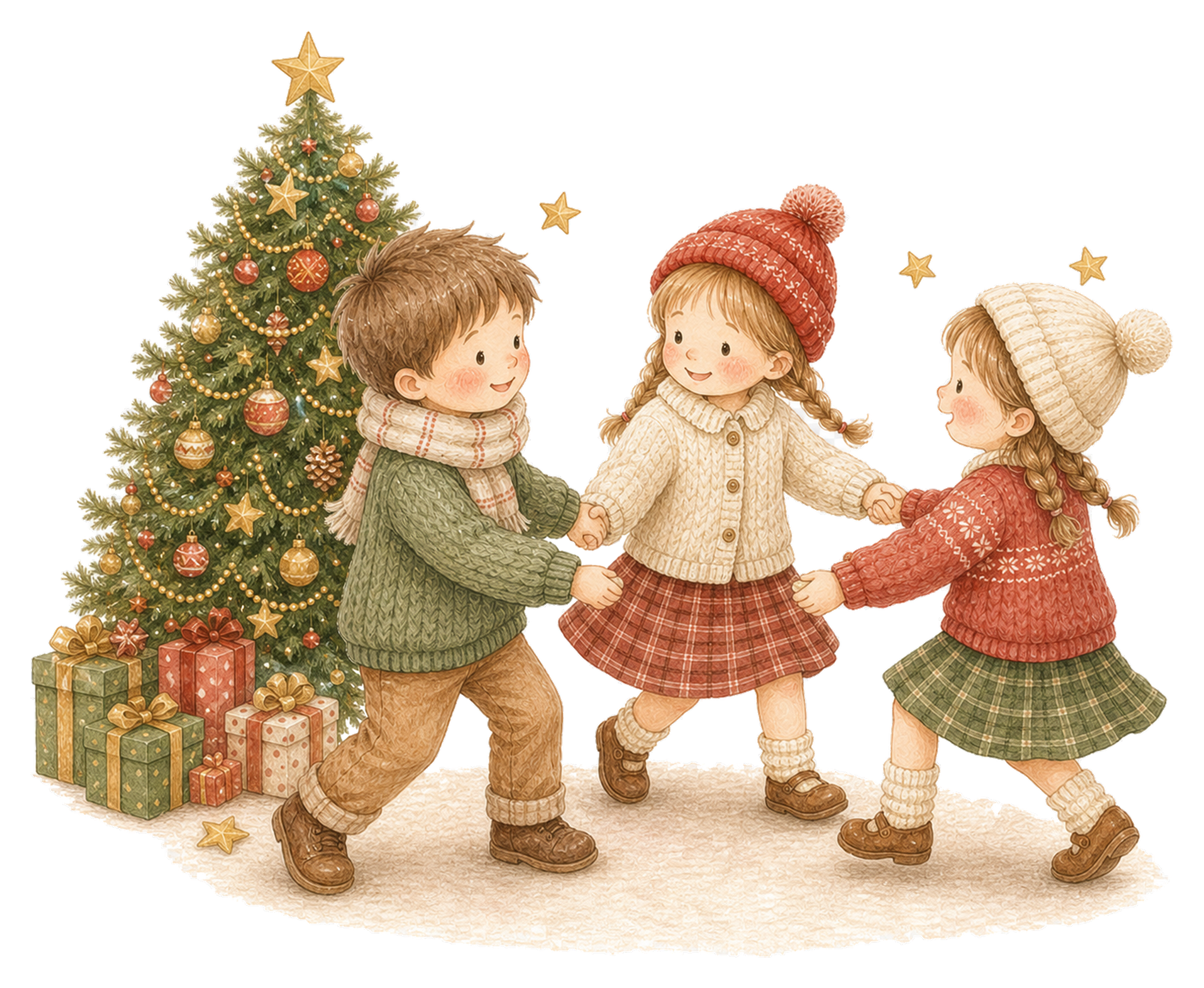 クリスマスツリーの周りで踊る子どものイラスト｜絵本タッチの無料素材95896に写真・文字を入れる