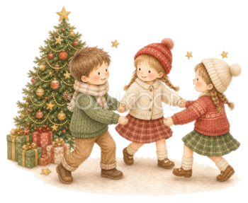 クリスマスツリーの周りで踊る子どものイラスト｜絵本タッチの無料素材95896