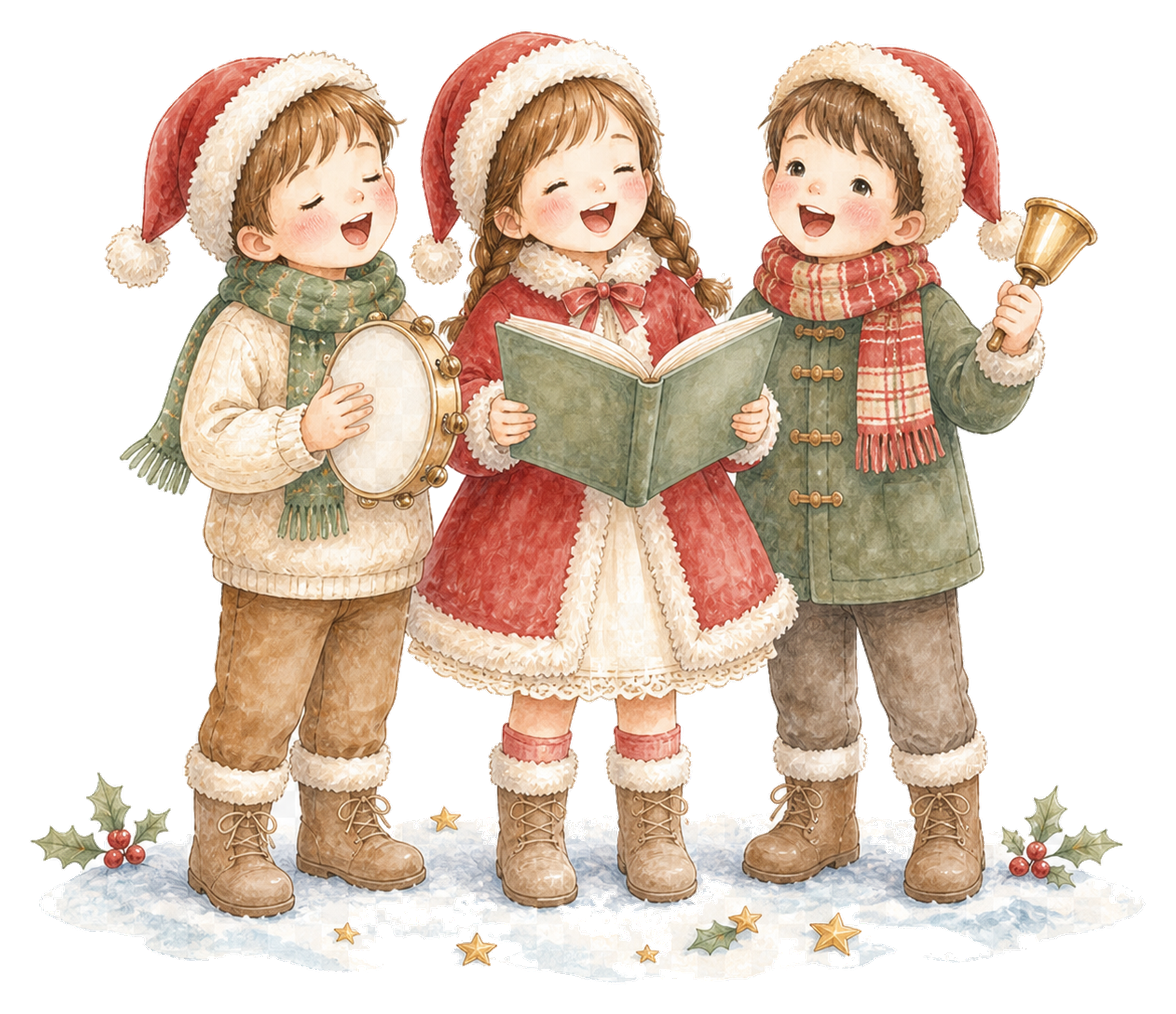 クリスマスソングを歌う子どものイラスト｜絵本タッチの無料素材95897に写真・文字を入れる